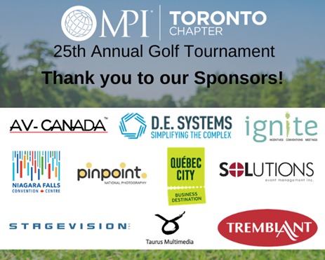 Thank You to Golf Sponsors with images of logos for AV-CANADA, DE Systems, Ignite, Niagara Falls Convention Centre, Pinpoint National Photography, Quebec City Business Destinations, Solutions Event Management, Stagevision, Taurus Multimedia, and Tremblant