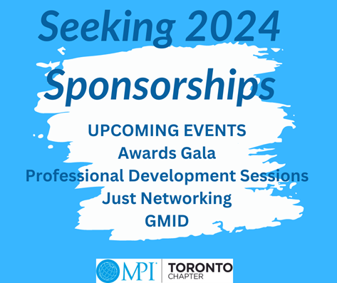 Blue box with 'Seeking 2024 Sponsorships' Upcoming Events Awards Gala, Professional Development Sessions, Just Networking, GMID